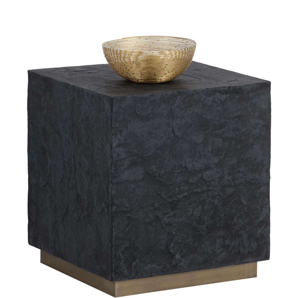 Quintana Industrial Black Textured Concrete Antique Brass Base Block End Table